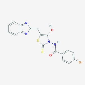 molecular formula C18H11BrN4O2S2 B416428 (Z)-N-(5-((1H-benzo[d]imidazol-2-yl)methylene)-4-oxo-2-thioxothiazolidin-3-yl)-4-bromobenzamide CAS No. 307342-39-8