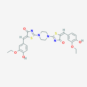 molecular formula C28H28N4O6S2 B416442 5-(3-ethoxy-4-hydroxybenzylidene)-2-{4-[5-(3-ethoxy-4-hydroxybenzylidene)-4-oxo-4,5-dihydro-1,3-thiazol-2-yl]-1-piperazinyl}-1,3-thiazol-4(5H)-one 