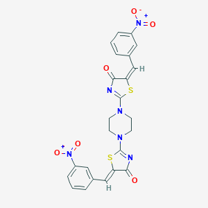molecular formula C24H18N6O6S2 B416446 5-{3-nitrobenzylidene}-2-[4-(5-{3-nitrobenzylidene}-4-oxo-4,5-dihydro-1,3-thiazol-2-yl)-1-piperazinyl]-1,3-thiazol-4(5H)-one 