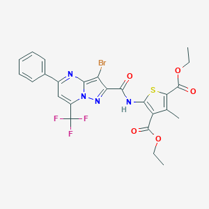 molecular formula C25H20BrF3N4O5S B416485 Diethyl 5-({[3-bromo-5-phenyl-7-(trifluoromethyl)pyrazolo[1,5-a]pyrimidin-2-yl]carbonyl}amino)-3-methyl-2,4-thiophenedicarboxylate 