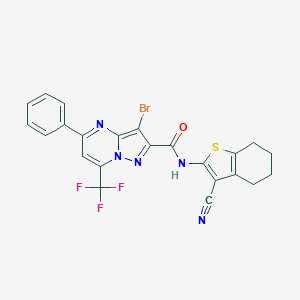 molecular formula C23H15BrF3N5OS B416498 3-bromo-N-(3-cyano-4,5,6,7-tetrahydro-1-benzothien-2-yl)-5-phenyl-7-(trifluoromethyl)pyrazolo[1,5-a]pyrimidine-2-carboxamide 
