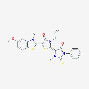 molecular formula C26H24N4O3S3 B416514 3-allyl-5-(3-ethyl-5-methoxy-1,3-benzothiazol-2(3H)-ylidene)-2-(3-methyl-5-oxo-1-phenyl-2-thioxo-4-imidazolidinylidene)-1,3-thiazolidin-4-one 