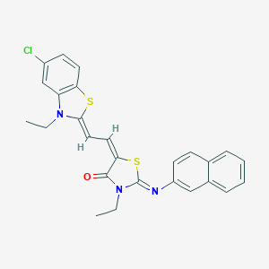 molecular formula C26H22ClN3OS2 B416521 5-[2-(5-chloro-3-ethyl-1,3-benzothiazol-2(3H)-ylidene)ethylidene]-3-ethyl-2-(2-naphthylimino)-1,3-thiazolidin-4-one 