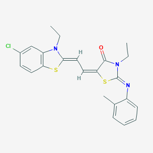 molecular formula C23H22ClN3OS2 B416529 5-[2-(5-chloro-3-ethyl-1,3-benzothiazol-2(3H)-ylidene)ethylidene]-3-ethyl-2-[(2-methylphenyl)imino]-1,3-thiazolidin-4-one 