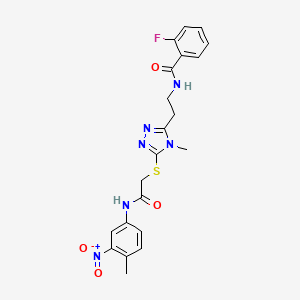 molecular formula C21H21FN6O4S B4165423 2-fluoro-N-{2-[4-methyl-5-({2-[(4-methyl-3-nitrophenyl)amino]-2-oxoethyl}thio)-4H-1,2,4-triazol-3-yl]ethyl}benzamide 