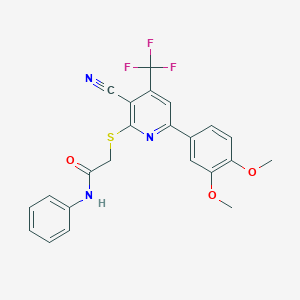 molecular formula C23H18F3N3O3S B4165556 2-{[3-cyano-6-(3,4-dimethoxyphenyl)-4-(trifluoromethyl)-2-pyridinyl]thio}-N-phenylacetamide 