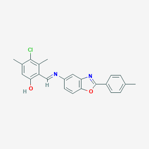 molecular formula C23H19ClN2O2 B416578 4-Chloro-3,5-dimethyl-2-({[2-(4-methylphenyl)-1,3-benzoxazol-5-yl]imino}methyl)phenol 