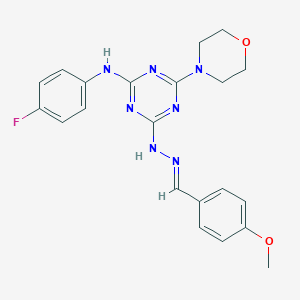 molecular formula C21H22FN7O2 B416587 4-Methoxybenzaldehyde [4-(4-fluoroanilino)-6-(4-morpholinyl)-1,3,5-triazin-2-yl]hydrazone 