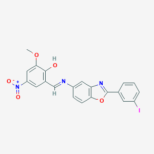 molecular formula C21H14IN3O5 B416608 4-Nitro-2-({[2-(3-iodophenyl)-1,3-benzoxazol-5-yl]imino}methyl)-6-methoxyphenol 