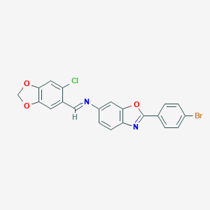 molecular formula C21H12BrClN2O3 B416647 N-[2-(4-bromophenyl)-1,3-benzoxazol-6-yl]-N-[(6-chloro-1,3-benzodioxol-5-yl)methylene]amine 