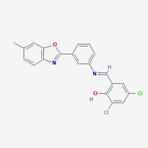 molecular formula C21H14Cl2N2O2 B416648 2,4-Dichloro-6-({[3-(6-methyl-1,3-benzoxazol-2-yl)phenyl]imino}methyl)phenol 