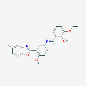 molecular formula C23H20N2O4 B416681 4-[(3-Ethoxy-2-hydroxybenzylidene)amino]-2-(5-methyl-1,3-benzoxazol-2-yl)phenol 