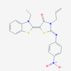molecular formula C21H18N4O3S2 B416717 3-allyl-5-(3-ethyl-1,3-benzothiazol-2(3H)-ylidene)-2-({4-nitrophenyl}imino)-1,3-thiazolidin-4-one 