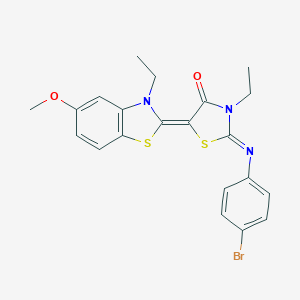 molecular formula C21H20BrN3O2S2 B416721 2-[(4-bromophenyl)imino]-3-ethyl-5-(3-ethyl-5-methoxy-1,3-benzothiazol-2(3H)-ylidene)-1,3-thiazolidin-4-one 