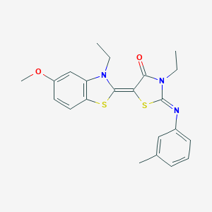 molecular formula C22H23N3O2S2 B416723 3-ethyl-5-(3-ethyl-5-methoxy-1,3-benzothiazol-2(3H)-ylidene)-2-[(3-methylphenyl)imino]-1,3-thiazolidin-4-one 