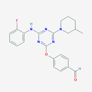 4-{[4-[(2-fluorophenyl)amino]-6-(3-methyl-1-piperidinyl)-1,3,5-triazin-2-yl]oxy}benzaldehyde