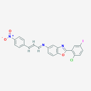2-(2-Chloro-5-iodophenyl)-5-[(3-{4-nitrophenyl}-2-propenylidene)amino]-1,3-benzoxazole