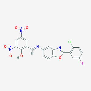 molecular formula C20H10ClIN4O6 B416757 2-{[2-(2-Chloro-5-iodo-phenyl)-benzooxazol-5-ylimino]-methyl}-4,6-dinitro-phenol 