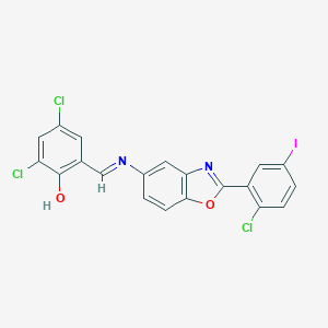 molecular formula C20H10Cl3IN2O2 B416759 2,4-Dichloro-6-({[2-(2-chloro-5-iodophenyl)-1,3-benzoxazol-5-yl]imino}methyl)phenol 