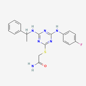 molecular formula C19H19FN6OS B4167592 2-({4-[(4-fluorophenyl)amino]-6-[(1-phenylethyl)amino]-1,3,5-triazin-2-yl}thio)acetamide 