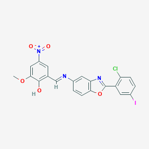 molecular formula C21H13ClIN3O5 B416761 2-({[2-(2-Chloro-5-iodophenyl)-1,3-benzoxazol-5-yl]imino}methyl)-4-nitro-6-methoxyphenol 