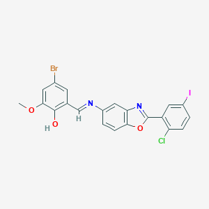 molecular formula C21H13BrClIN2O3 B416763 4-Bromo-2-({[2-(2-chloro-5-iodophenyl)-1,3-benzoxazol-5-yl]imino}methyl)-6-methoxyphenol 