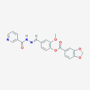 molecular formula C22H17N3O6 B416770 2-Methoxy-4-[2-(3-pyridinylcarbonyl)carbohydrazonoyl]phenyl 1,3-benzodioxole-5-carboxylate 