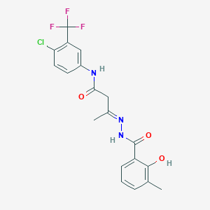 molecular formula C19H17ClF3N3O3 B416782 (3E)-N-[4-chloro-3-(trifluoromethyl)phenyl]-3-{2-[(2-hydroxy-3-methylphenyl)carbonyl]hydrazinylidene}butanamide 