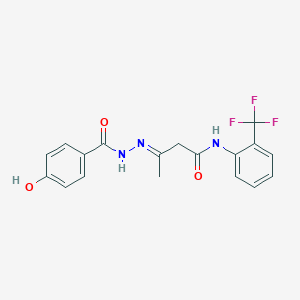 molecular formula C18H16F3N3O3 B416787 4-hydroxy-N-[(E)-[4-oxo-4-[2-(trifluoromethyl)anilino]butan-2-ylidene]amino]benzamide 