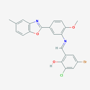 molecular formula C22H16BrClN2O3 B416813 4-Bromo-2-chloro-6-({[2-methoxy-5-(5-methyl-1,3-benzoxazol-2-yl)phenyl]imino}methyl)phenol 