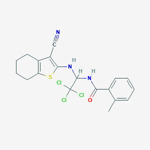 molecular formula C19H18Cl3N3OS B416824 2-methyl-N-{2,2,2-trichloro-1-[(3-cyano-4,5,6,7-tetrahydro-1-benzothien-2-yl)amino]ethyl}benzamide 