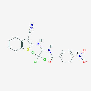 molecular formula C18H15Cl3N4O3S B416825 4-nitro-N-{2,2,2-trichloro-1-[(3-cyano-4,5,6,7-tetrahydro-1-benzothien-2-yl)amino]ethyl}benzamide 