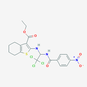 molecular formula C20H20Cl3N3O5S B416829 Ethyl 2-({2,2,2-trichloro-1-[(4-nitrobenzoyl)amino]ethyl}amino)-4,5,6,7-tetrahydro-1-benzothiophene-3-carboxylate 