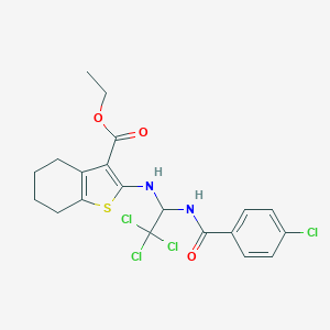 molecular formula C20H20Cl4N2O3S B416835 Ethyl 2-({2,2,2-trichloro-1-[(4-chlorobenzoyl)amino]ethyl}amino)-4,5,6,7-tetrahydro-1-benzothiophene-3-carboxylate 