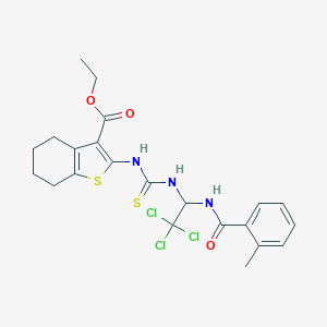 molecular formula C22H24Cl3N3O3S2 B416841 Ethyl 2-{[({2,2,2-trichloro-1-[(2-methylbenzoyl)amino]ethyl}amino)carbothioyl]amino}-4,5,6,7-tetrahydro-1-benzothiophene-3-carboxylate 