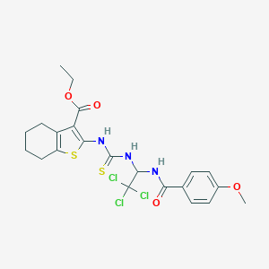 molecular formula C22H24Cl3N3O4S2 B416842 Ethyl 2-{[({2,2,2-trichloro-1-[(4-methoxybenzoyl)amino]ethyl}amino)carbothioyl]amino}-4,5,6,7-tetrahydro-1-benzothiophene-3-carboxylate 