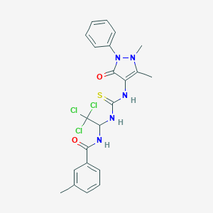 molecular formula C22H22Cl3N5O2S B416844 3-methyl-N-[2,2,2-trichloro-1-({[(1,5-dimethyl-3-oxo-2-phenyl-2,3-dihydro-1H-pyrazol-4-yl)amino]carbothioyl}amino)ethyl]benzamide 