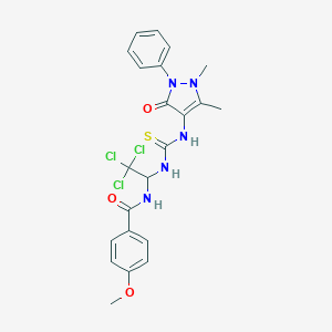 molecular formula C22H22Cl3N5O3S B416848 4-methoxy-N-[2,2,2-trichloro-1-({[(1,5-dimethyl-3-oxo-2-phenyl-2,3-dihydro-1H-pyrazol-4-yl)amino]carbothioyl}amino)ethyl]benzamide 