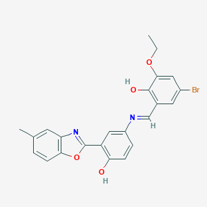 molecular formula C23H19BrN2O4 B416882 4-Bromo-2-ethoxy-6-({[4-hydroxy-3-(5-methyl-1,3-benzoxazol-2-yl)phenyl]imino}methyl)phenol 