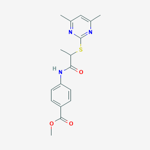 molecular formula C17H19N3O3S B4169012 methyl 4-({2-[(4,6-dimethyl-2-pyrimidinyl)thio]propanoyl}amino)benzoate 