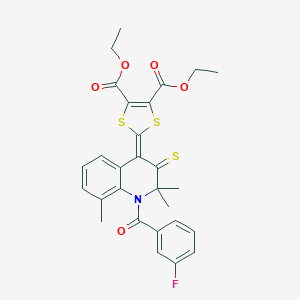 molecular formula C28H26FNO5S3 B416939 Diethyl 2-[1-(3-fluorobenzoyl)-2,2,8-trimethyl-3-sulfanylidenequinolin-4-ylidene]-1,3-dithiole-4,5-dicarboxylate CAS No. 5302-56-7