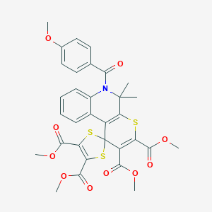 molecular formula C32H29NO10S3 B416943 Tetramethyl 6'-[(4-methoxyphenyl)carbonyl]-5',5'-dimethyl-5',6'-dihydrospiro[1,3-dithiole-2,1'-thiopyrano[2,3-c]quinoline]-2',3',4,5-tetracarboxylate 