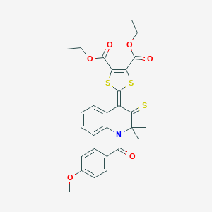 molecular formula C28H27NO6S3 B416946 diethyl 2-(1-(4-methoxybenzoyl)-2,2-dimethyl-3-thioxo-2,3-dihydro-4(1H)-quinolinylidene)-1,3-dithiole-4,5-dicarboxylate 