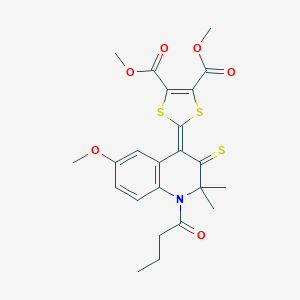 molecular formula C23H25NO6S3 B416955 Dimethyl 2-(1-butanoyl-6-methoxy-2,2-dimethyl-3-sulfanylidenequinolin-4-ylidene)-1,3-dithiole-4,5-dicarboxylate CAS No. 303042-37-7