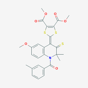 molecular formula C27H25NO6S3 B416958 dimethyl 2-(6-methoxy-2,2-dimethyl-1-(3-methylbenzoyl)-3-thioxo-2,3-dihydro-4(1H)-quinolinylidene)-1,3-dithiole-4,5-dicarboxylate 