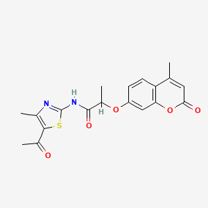 molecular formula C19H18N2O5S B4169629 N-(5-acetyl-4-methyl-1,3-thiazol-2-yl)-2-[(4-methyl-2-oxo-2H-chromen-7-yl)oxy]propanamide 