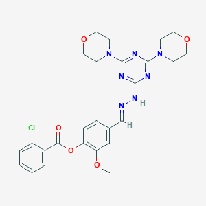 molecular formula C26H28ClN7O5 B416974 4-{2-[4,6-Di(4-morpholinyl)-1,3,5-triazin-2-yl]carbohydrazonoyl}-2-methoxyphenyl 2-chlorobenzoate 