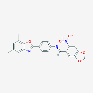 molecular formula C23H17N3O5 B416978 2-{4-[({6-Nitro-1,3-benzodioxol-5-yl}methylene)amino]phenyl}-5,7-dimethyl-1,3-benzoxazole 