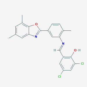 molecular formula C23H18Cl2N2O2 B416984 2,4-Dichloro-6-({[5-(5,7-dimethyl-1,3-benzoxazol-2-yl)-2-methylphenyl]imino}methyl)phenol 