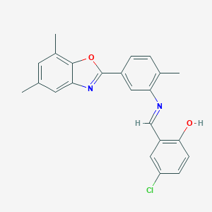 molecular formula C23H19ClN2O2 B416991 4-Chloro-2-({[5-(5,7-dimethyl-1,3-benzoxazol-2-yl)-2-methylphenyl]imino}methyl)phenol 